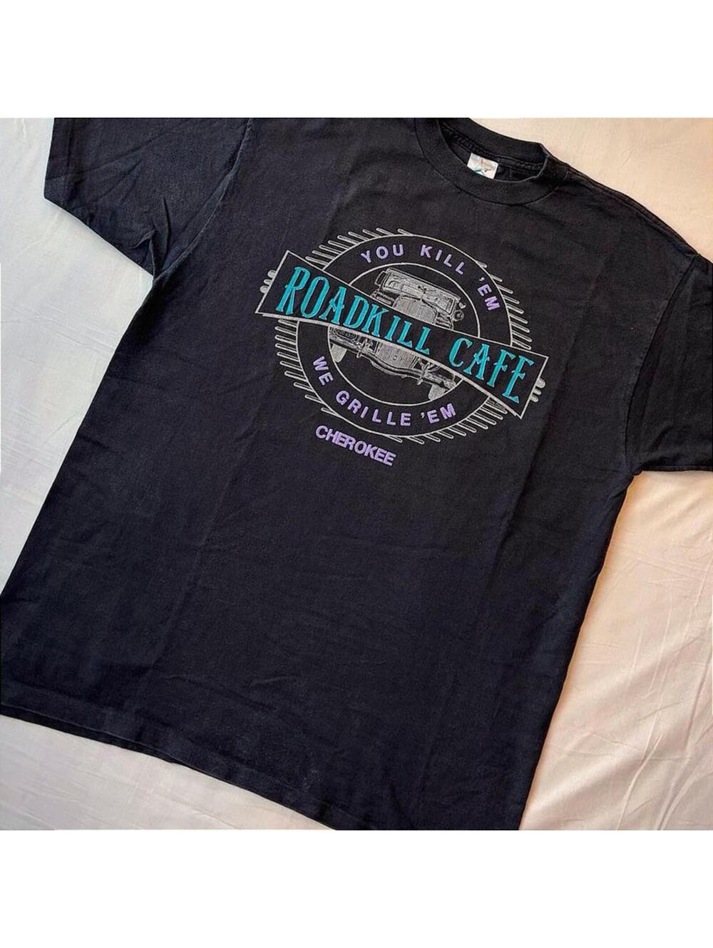 VTG 90s Roadkill Cafe Cherokee NC T-Shirt Faded Black Mens XL Made in USA